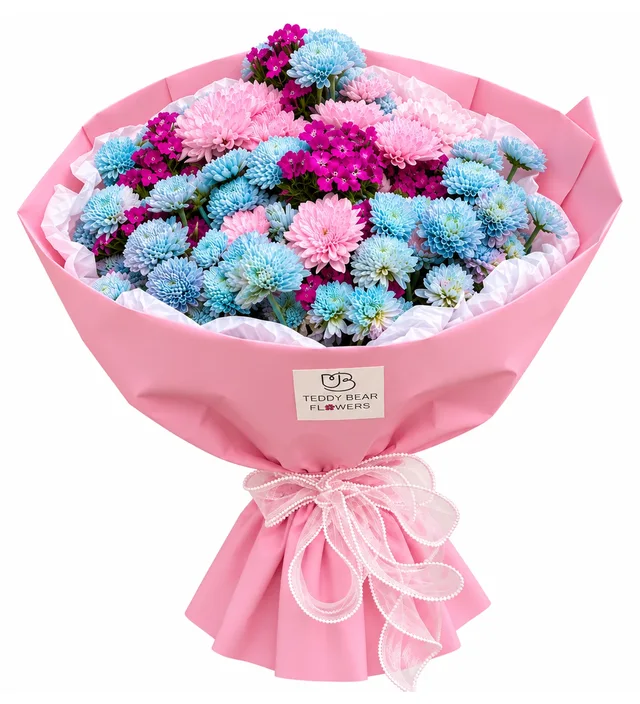 Pink Azure Premium Pembe Canlı Krizantem & Mavi Santini Buket
