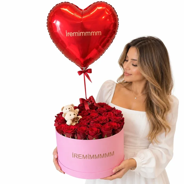 Sevgiliye Hediye | Uçan Balonlu Dev Pembe Kutuda Ayıcıklı Kırmızı Güller | Aynı Gün Teslimat