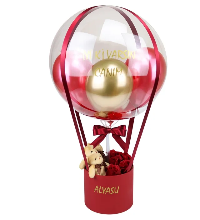 Sevgiliye Balon Kutusu - Kırmızı Islak Güller & Sevimli Ayıcıklar - Kırmızı & Gold Tonlar | Kişiye Özel