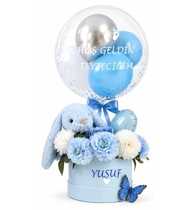 Mavi Tavşanlı Çiçekli Kişiye Özel Mavi Balon Kutusu