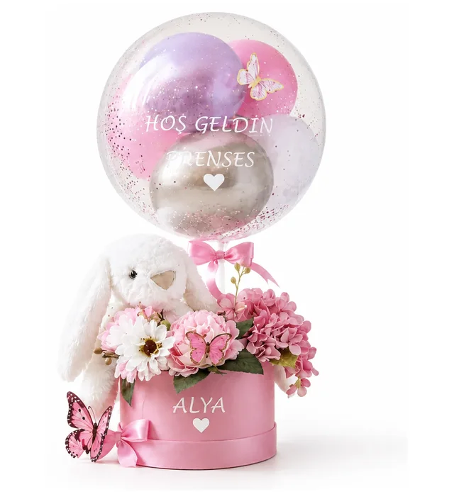 Beyaz Tavşanlı Kişiye Özel Balon Kutusu