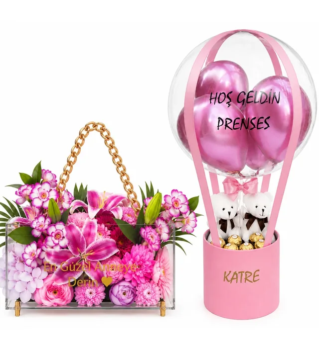 Pembe Çikolatalı Ayıcıklı Balon Kutusu & Premium Lüx Zincirli Çantada Kalıcı Pembe Çiçekler