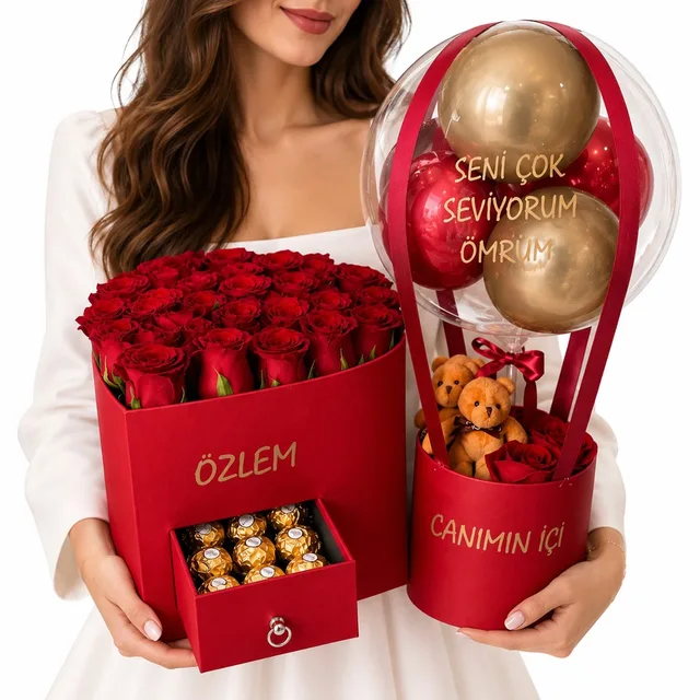 Sevgiliye Lüx Hediye - Love Bomb Kalpli Çekmeceli Kutuda Canlı Güller & Kırmızı Balon Kutusu | Kişiye Özel