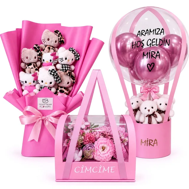Premium 3”lü Set - Tasarım Çantada Pembe Kalıcı Çiçekler & Balon Kutusu & Hello Kity Ayıcık Buket | Kişiselleştirilebilir Hediye
