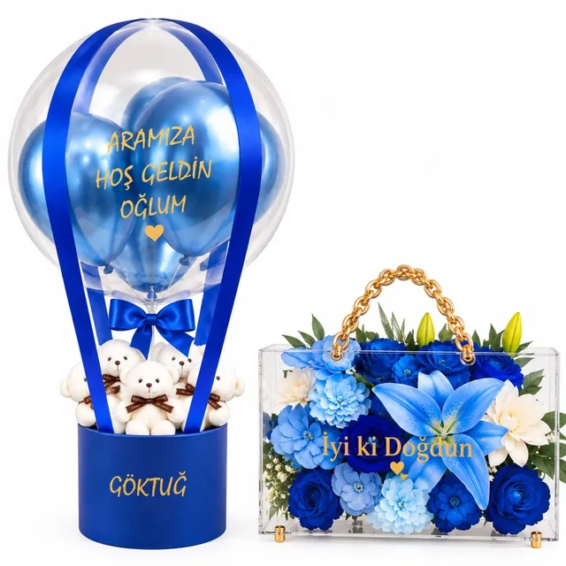 Lacivert Balon Kutusu & Zincirli Premium Çantada Çiçekler | Lüx Set