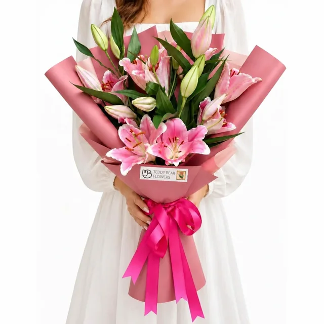 Velisse, Premium Pembe Canlı Lilyum Buket