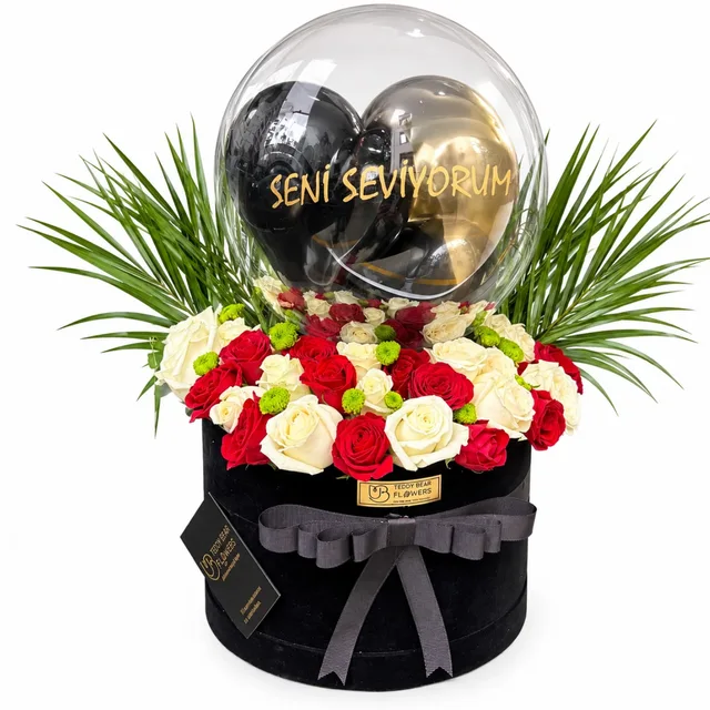 Black Love Ballons, Siyah Kadife Kutuda Beyaz & Siyah Canlı Güller | Lüx Tasarım