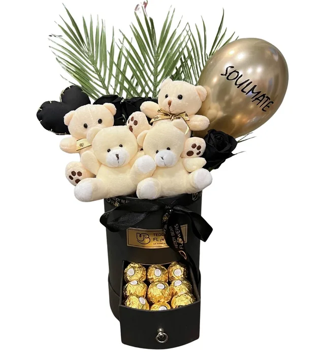 Lüks Siyah Çekmeceli – Çikolatalı, Gold Balonlu Aranjman
